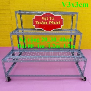 Kệ sắt V lỗ bậc thang 3 bậc khung V3x3cm gắn bánh xe để cây và hàng hoá