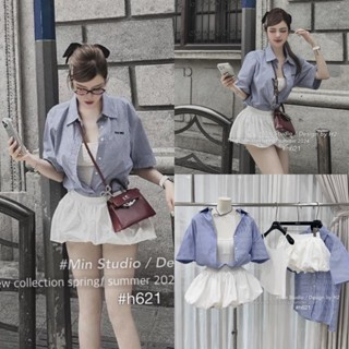 Sét 3 Món Áo Thun 2 Dây Kèm Sơ Mi Kẻ Xanh Ngắn Tay Mix Chân Váy Bí Phồng Size S M-Halinh Shop-Sét Bộ Sơ Mi Kẻ Chân Váy