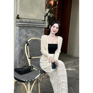 Áo khoác len mỏng cúc ngọc dài tay dáng ngắn