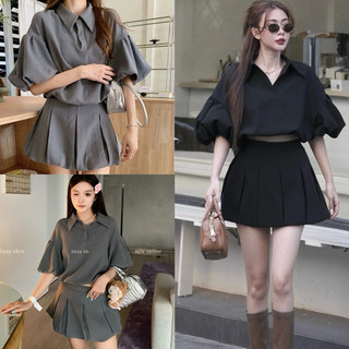 Set áo sơmi cổ đức tay phồng mix chân váy bom 2 màu