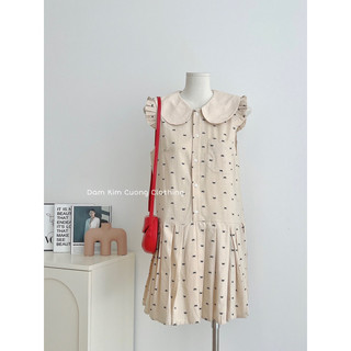 Váy linen cổ sen hoạ tiết nơ sát nách