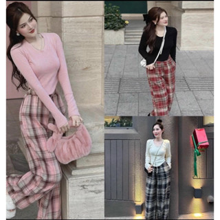  HCM_ Có ship hỏa tốc  - Set bộ áo thun cổ tròn dài tay vạt bầu quần kẻ thụng ống suông đồ  bộ nữ siêu hot_  Sen Boutique 