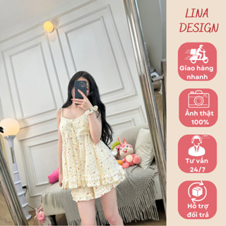 Bộ ngủ nữ, đồ mặc nhà áo hai dây có đệm ngực, phối ren kèm quần đùi vải đũi xô mềm mát họa tiết hoa nhí xinh xắn