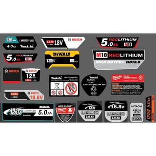 Các loại tem dán Makita ,Bosch, dewalt , China... trang trí vỏ pin. BN.