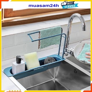 Giá để giẻ rửa bát, Kệ để đồ rửa chén điều chỉnh được độ dài có thanh treo khăn sạch sẽ tiện lợi