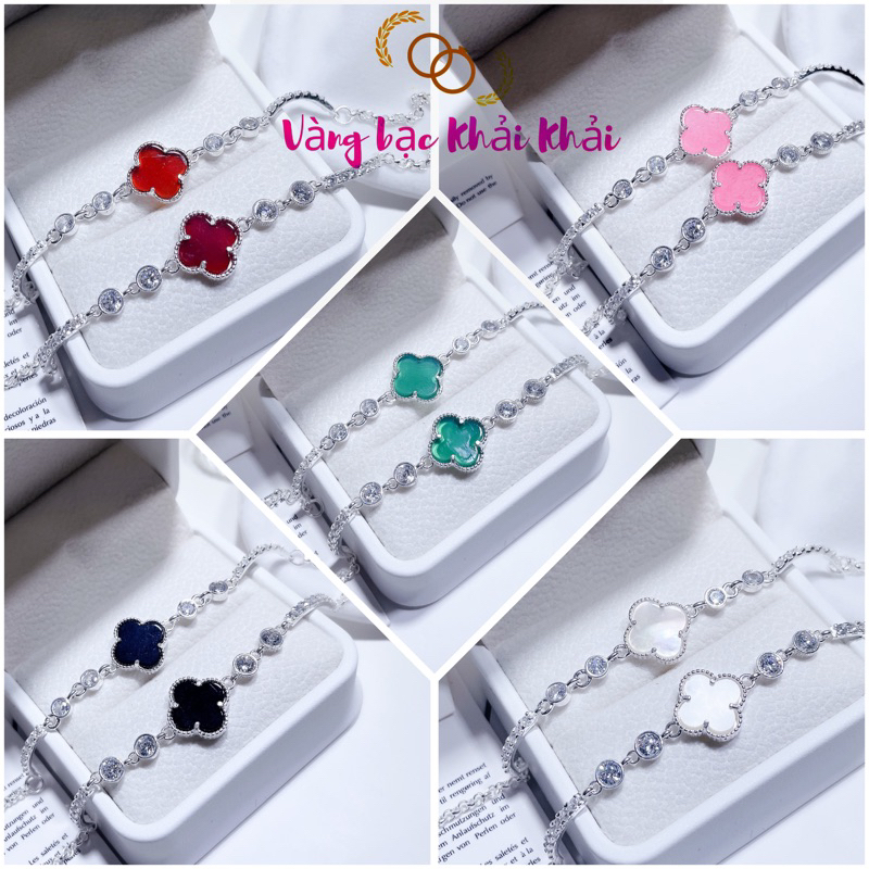 Lắc tay cỏ bốn lá bạc ta Đá nhiều màu siêu hot - Lắc tay nữ bạc ta cỏ 4 lá đính đá - Vàng Bạc Khải K