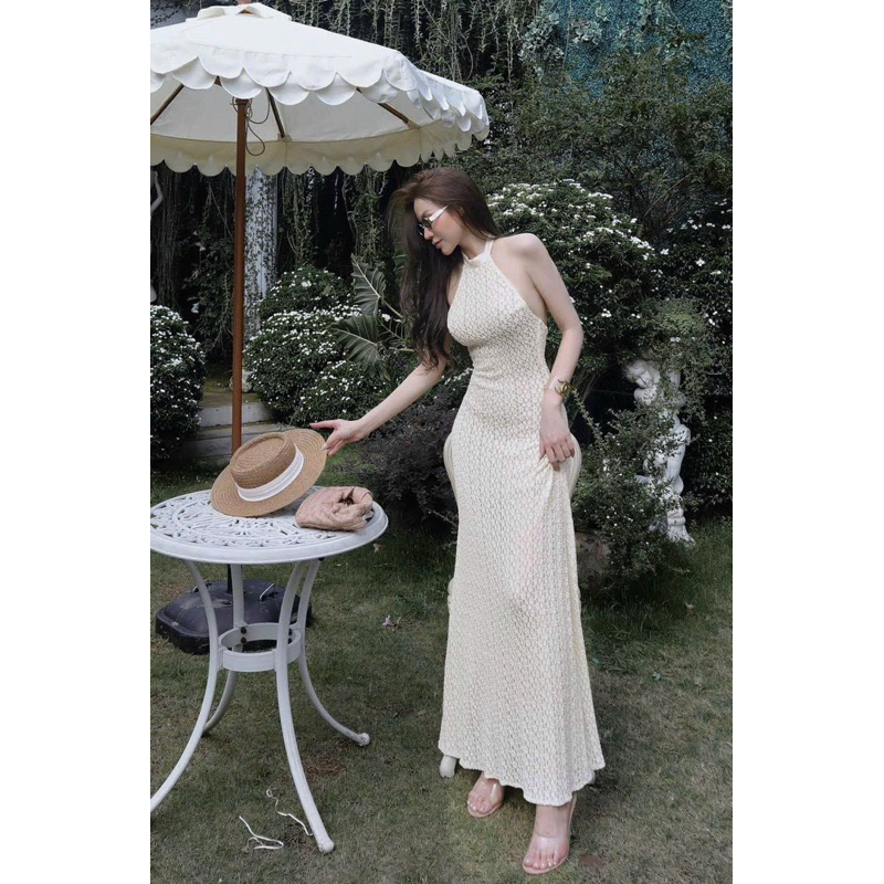 ( Hàng có sẵn ) Đầm maxi ren cổ yếm
