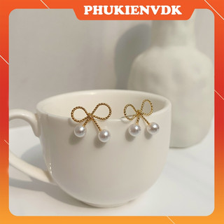 Hoa tai nơ mạ bạc gắn hạt xinh xắn dễ thương phong cách Hàn Quốc MS251