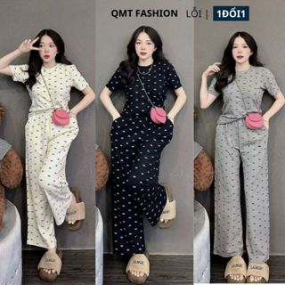 Set bộ dài tăm hàn họa tiết nơ vải chính phẩm co giãn 4 chiều, bộ mặc nhà nữ quần ống rộng sang chảnh co giãn cao cấp