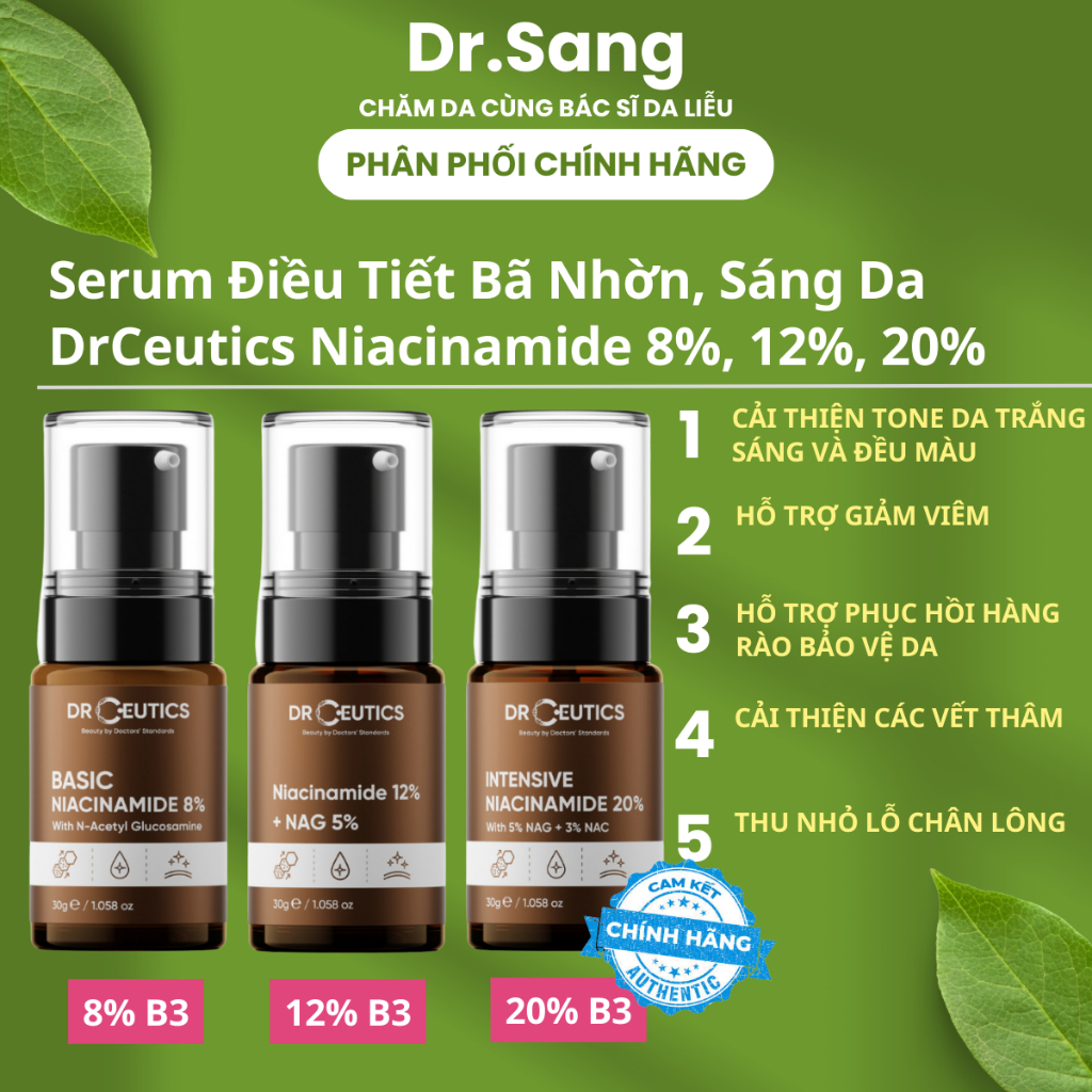 Serum DrCeutics Niacinamide 8%, 12%, 20% Giảm Thâm Sáng Da Kiềm Dầu 30ml