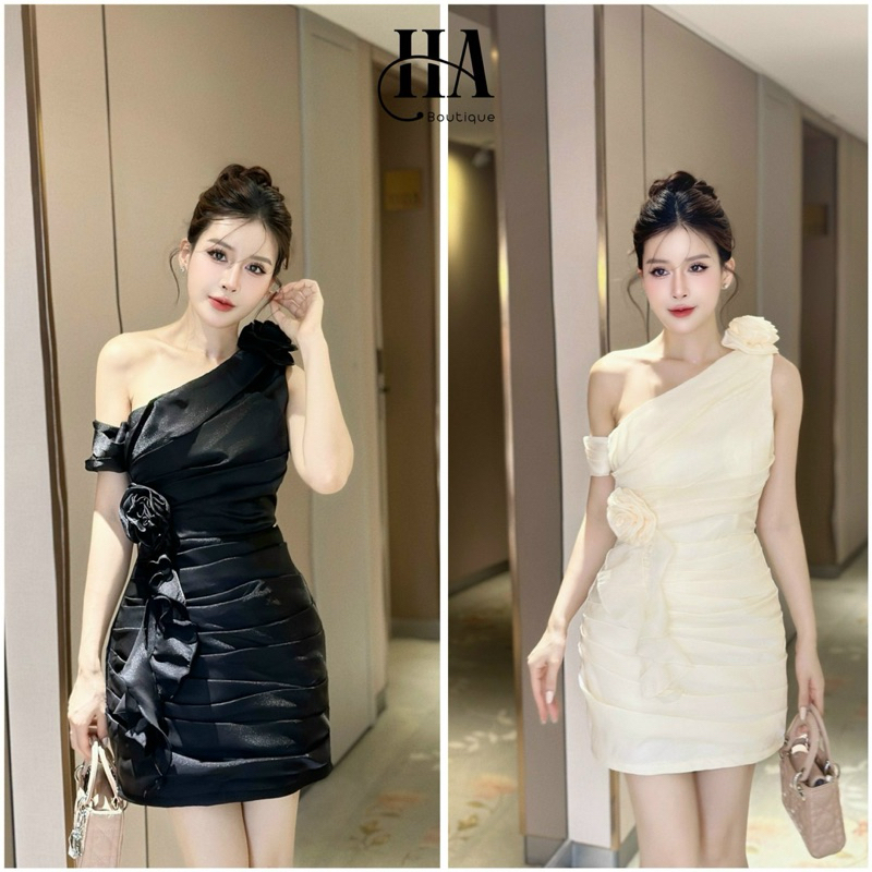 Váy xếp tầng đính hoa lệch vai 530k sml