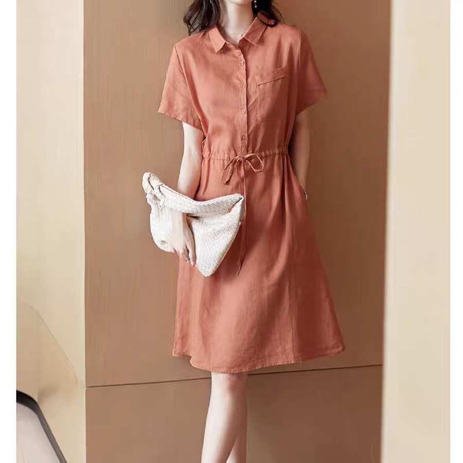 Đầm Suông Công Sở Cổ Sơ Mi Rút Eo SLINEN - Linen Bột Premium, Dày Dặn, Thanh Lịch