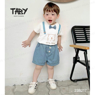 Set bộ công tử đính nơ cho bé trai, chất liệu Cotton mềm mịn kết hợp đũi thoáng mồ hôi cho bé từ 9-23kg 23B217