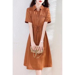 Đầm suông cổ sơ mi công sở chun eo Larisrose, chất vải Linen bột Premium, form váy suông không kén dáng V016