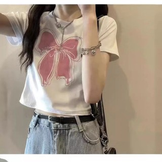 Áo thun nữ in nơ hồng croptop điệu đẹp trẻ trung