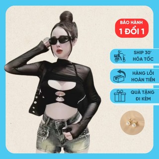 Sét áo lưới cặp-Áo hai dây zip mix áo lưới Tay loe cách điệu khuy ngọc siêu đẹp