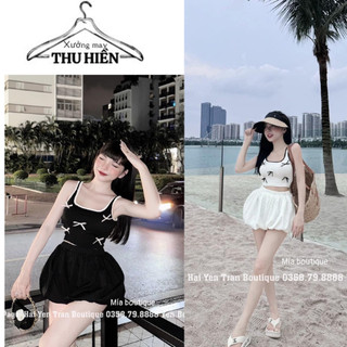 Đồ bộ áo 2 dây đính nơ quần short phồng, set bộ đồ nữ đi biển xinh XUONGMAYTHUHIEN