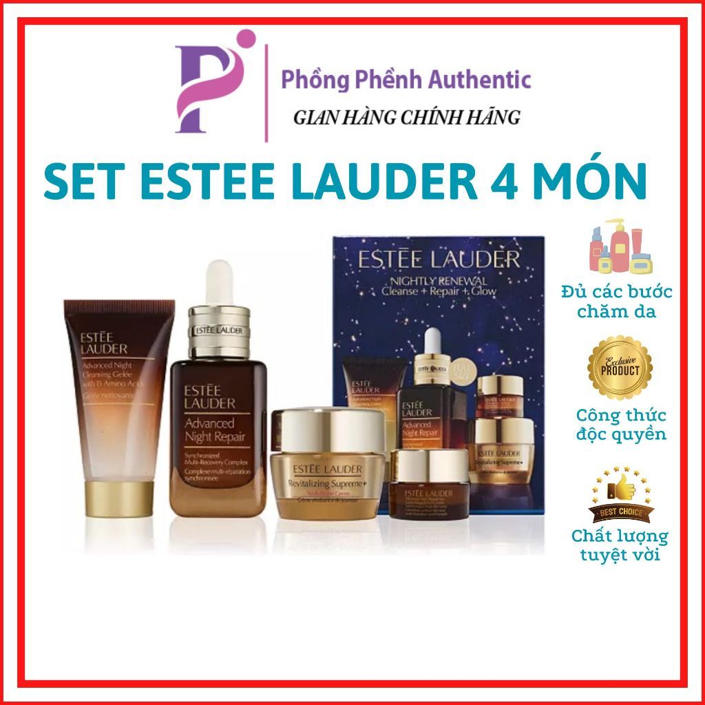 [Bill Mỹ] Set quà tặng Estee Lauder Nightly 4 món:SRM 30ml + Serum 50ml + Kem dưỡng 15ml + Kem mắt 5