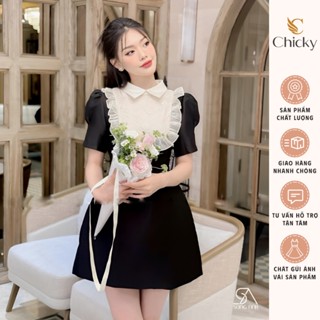 Đầm váy tafta cổ sơ mi phối bèo ren xinh xắn tay bồng dáng ngắn xòe tone màu basic vintage sang chảnh