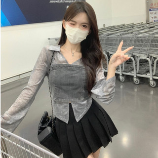 Set áo sơ mi nữ voan phối áo hai dây denim xinh xắn, sơ mi nữ voan đẹp phối yếm denim Hàn Quốc 6140
