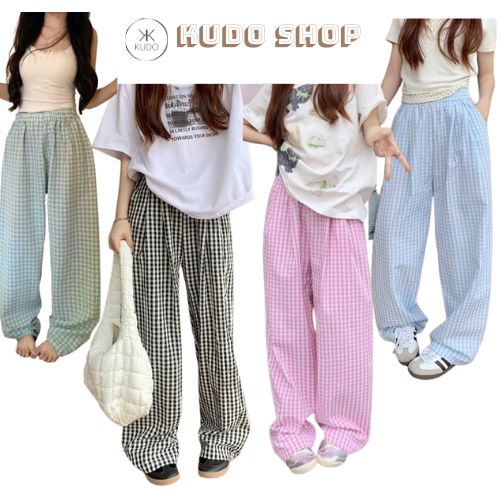 Quần kẻ Caro ống rộng dáng suông chất thô mềm quần dài nữ kẻ ô nhỏ KUDOSHOP