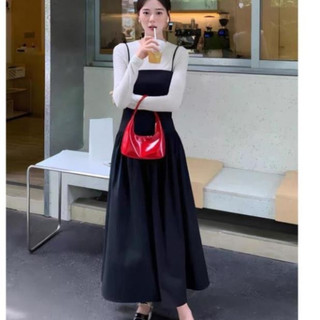Set áo len giấymix váy yếm đen dáng dài phong cách vintage tay dài c57