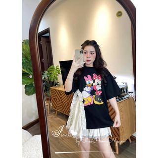 Set áo micky đen nơ hồng xẻ mix chân váy ren trắng tầng