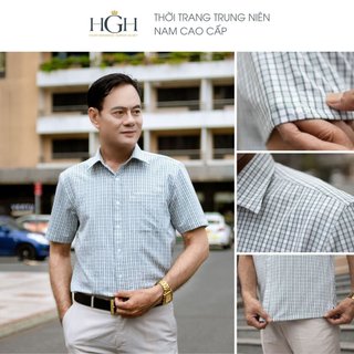 Áo Sơ Mi Trung Niên Nam Ngắn Tay Dáng Suông Vạt Ngang HGH FASHION Họa Tiết Kẻ Caro Màu Xanh Vải Cotton Cao Cấp