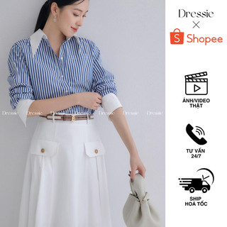 [Chính hãng Dressie] Áo sơ mi nữ kẻ xanh dài tay phối cổ trắng măng sét trắng thanh lịch, hiện đại