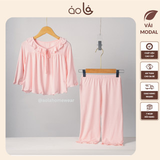 Bộ dài tay cho bé gái vải thun modal siêu mềm mát Áo Lá Homewear A068, pijama cho bé mặc ngủ vải sợi sồi
