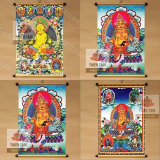 (NHIỀU MẪU) Tranh Mật Tông Thangka Hoàng Thần Tài Jambala Tây Tạng 40x60cm bằng vải phủ bóng cao cấp dày dặn