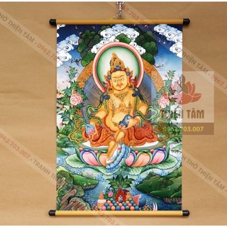 Tranh Hoàng Thần Tài Mật Tông Thangka Jambala 40x60cm bằng vải phủ bóng cao cấp dày dặn