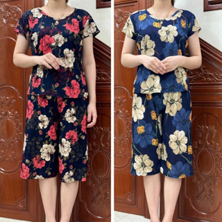 Đồ bộ trung niên cho mẹ quần ống sớ rộng giả váy cotton tăm lạnh bộ đồ cho mẹ cho bà mẫu mới 2024
