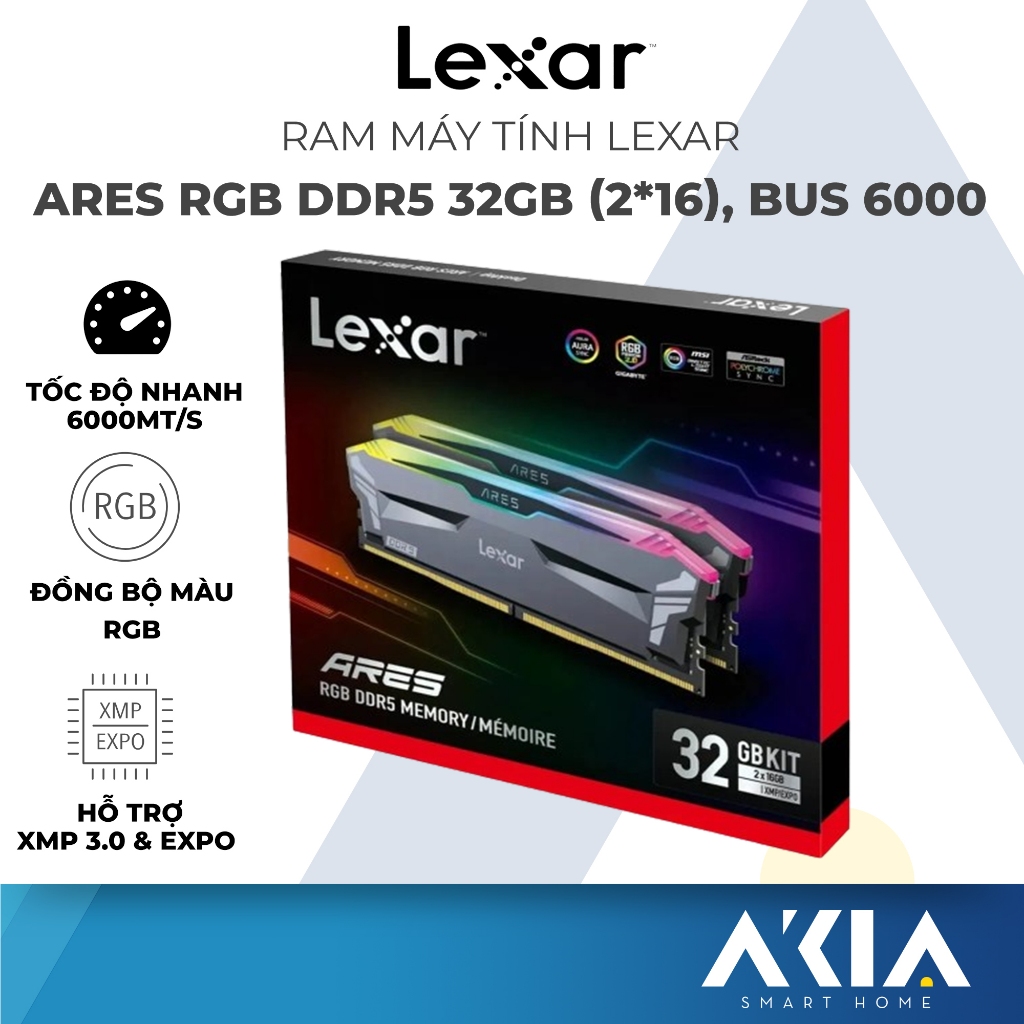 RAM máy tính Lexar Ares RGB DDR5 32GB (2*16), BUS 6000, đồng bộ màu RGB, hỗ trợ XMP 3.0 & EXPO