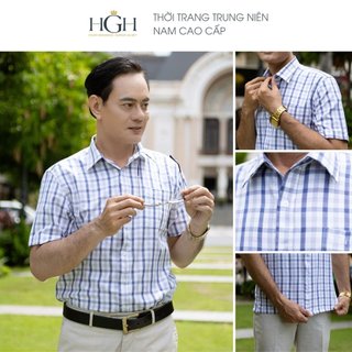 Áo Sơ Mi Trung Niên Nam Ngắn Tay Dáng Suông Vạt Ngang HGH FASHION Họa Tiết Kẻ Caro Màu Xanh Trắng Vải Cotton Cao Cấp