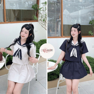 Set đồ bộ áo sơ mi nữ cộc tay cổ thủy thủ kem nơ phối chân váy ngắn , set chân váy ngắn kèm áo sơ mi nữ cộc tay