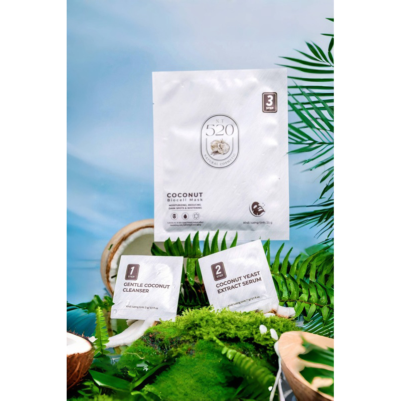 MẶT NẠ CẤP ẨM 520  (3 IN 1) COCONUT BIOCELL MASK - GENTLE FACE CLEANSER - COCONUT YEAST EXTRACT SERU