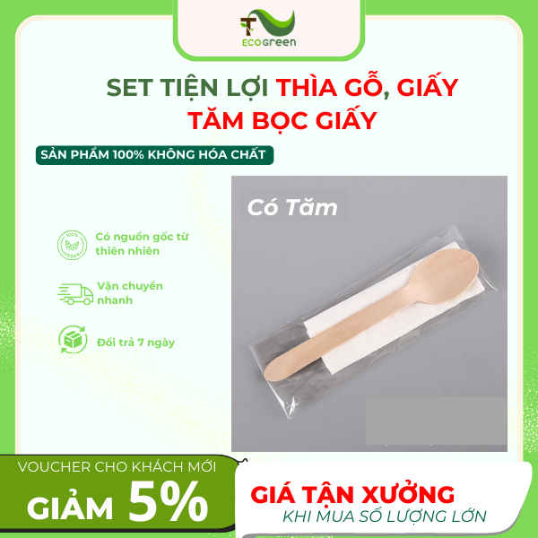 (50 Set) Set thìa gô, giấy và tăm bọc giấy, set muỗng gỗ tiện lợi - T2Ecogreen