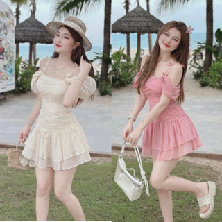 Đầm 2 dây tơ nhún có cúp ngực dáng xòe ngắn tiểu thư, váy trễ vai 2 dây nơ bánh bèo dúm thân kèm quần chất tơ xốp