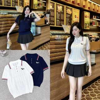 Áo len lỗ cổ bẻ cún viền sọc cộc tay
