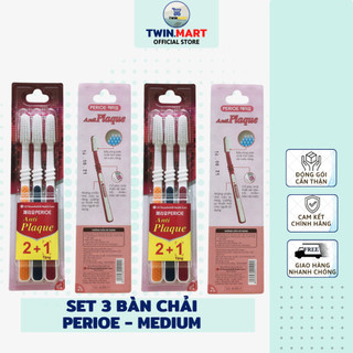 Set 3 cây Bàn chải đánh răng Perioe Anti Plaque Medium 2+1 - đầu lông bàn chải tròn, bảo vệ nướu