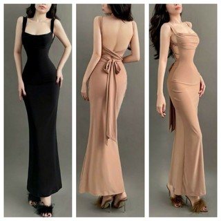 Váy đầm yếm 2 dây nữ hở lưng dáng xòe cột nơ vai màu đen thun borip xịn sexy phong cách sang chảnh hàn aloha