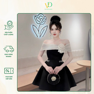 Đầm Tafta gấm đầm trễ vai phối tơ đính hoa ngực đầm dáng ngắn bồng sang chảnh kèm ảnh thật  - VD25