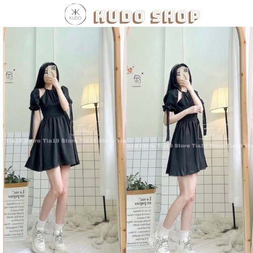 Váy tiểu thư yếm khoét vai tay bồng dáng dài xòe đầm dự tiệc phong cách Hàn quốc KUDOSHOP