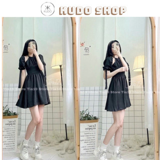 Váy tiểu thư yếm khoét vai tay bồng dáng dài xòe đầm dự tiệc phong cách Hàn quốc KUDOSHOP