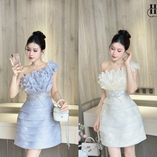 Váy tapta xếp tầng phối tơ lệch vai nơ eo 550k sml