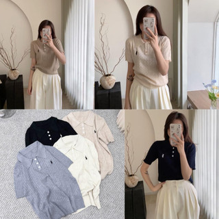 Áo len polo cổ bẻ thêu ngựa cộc tay