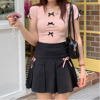 Chân váy xếp li chân váy nữ ngắn nơ tiểu thư xước hàn Firstdateclothing