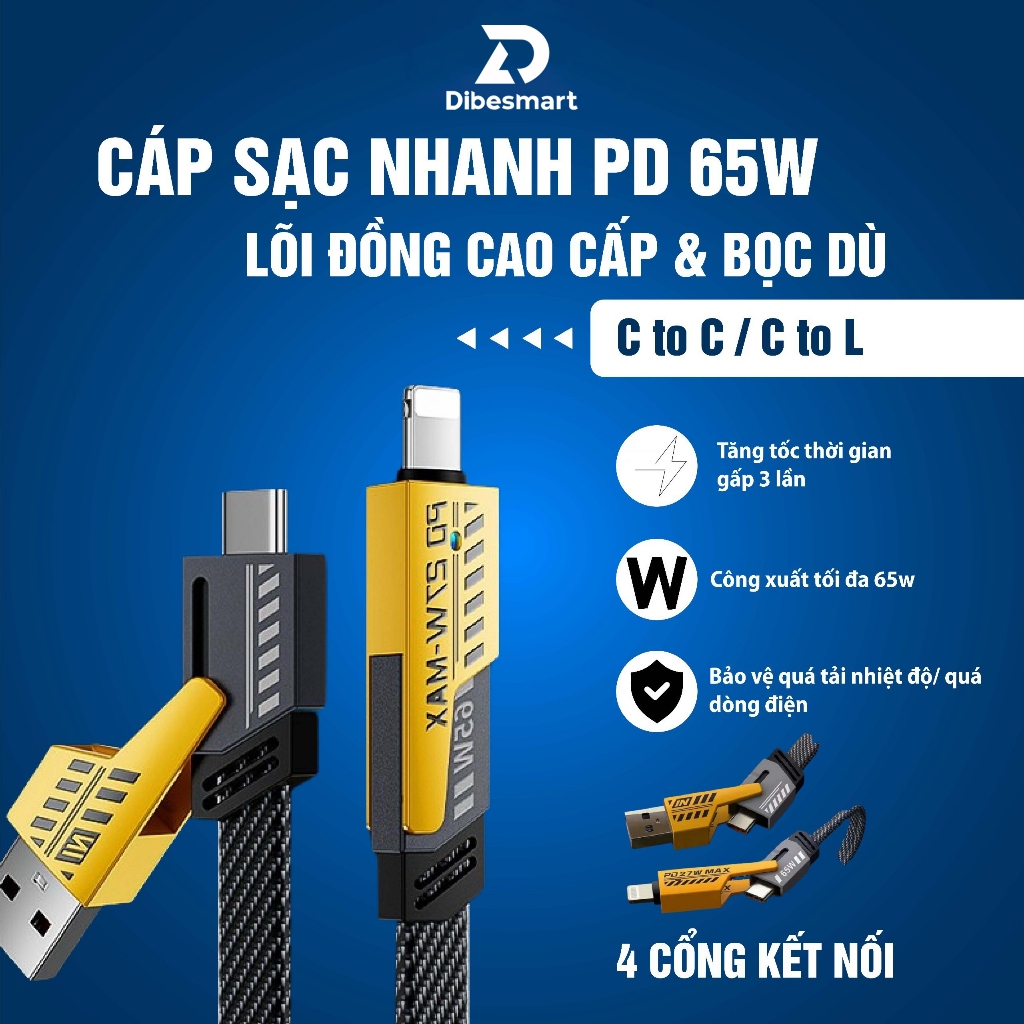 Dây Cáp Sạc Nhanh 4 Đầu 65w Dibesmart, C to C, C to L, Chất Liệu Bọc Dù và Hợp Kim Kẽm Siều Bền, Hỗ 