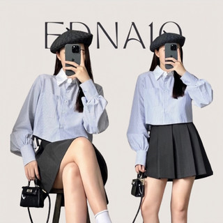 Áo Sơ Mi Sọc Xanh Thiết Kế Cổ Trắng Dáng Croptop Tay Phồng